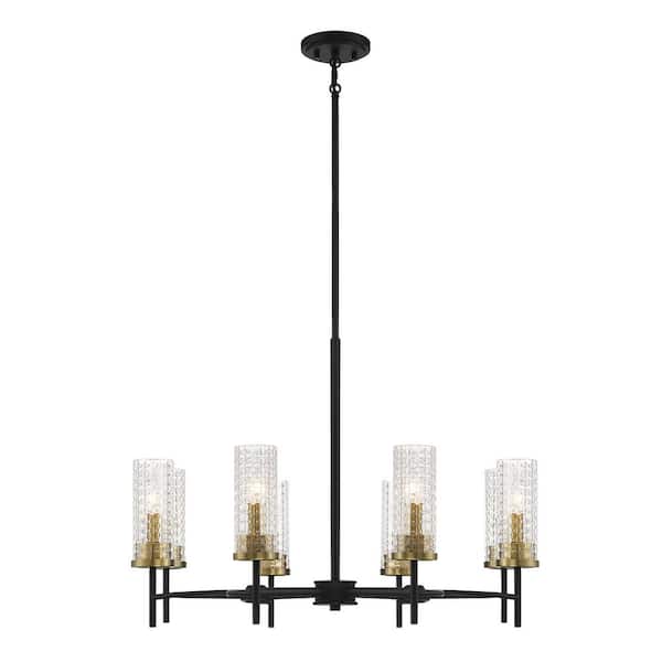 Savoy House Marcello 38 in. W x 14 in. H 8-Light Black and Warm Brass Chandelier with Ribbed Glass Shades