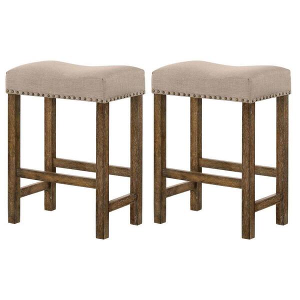Benjara 21.37 in. Brown and Beige Low Back Wood Frame Counter Height Stool with Fabric Seat (Set of 2)