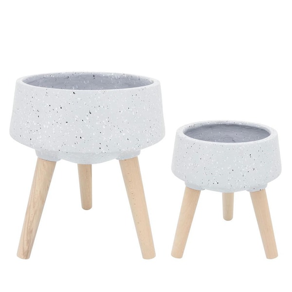 Cubilan Outdoor Polyrattan S/2 11/15 in. Terrazzo Planter W/ Wood Legs, Gray-15.00 in. x 15.00 in. x 8.00 in.
