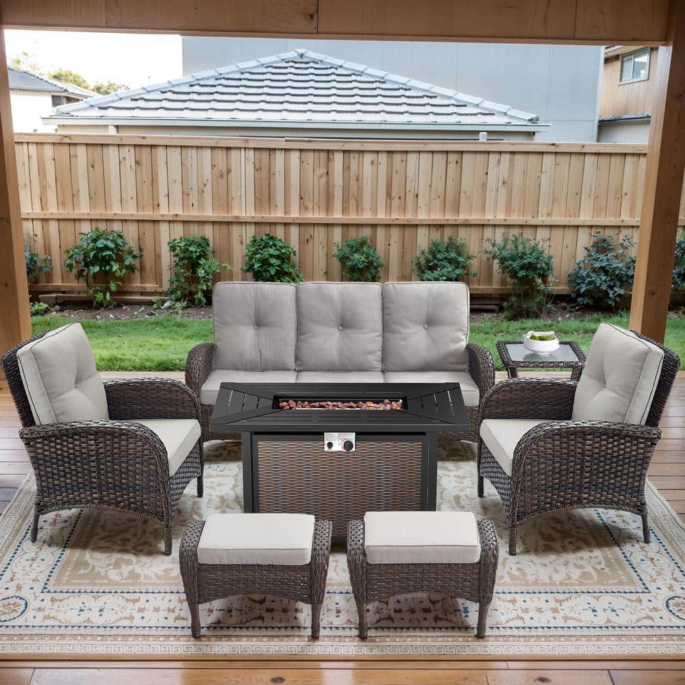 Brown 7-Piece Wicker Patio Fire Pit Set, Outdoor Sofa Seating Set with Olefin Beige Cushions and Ottoman, Side Table price history on PriceWatchPro