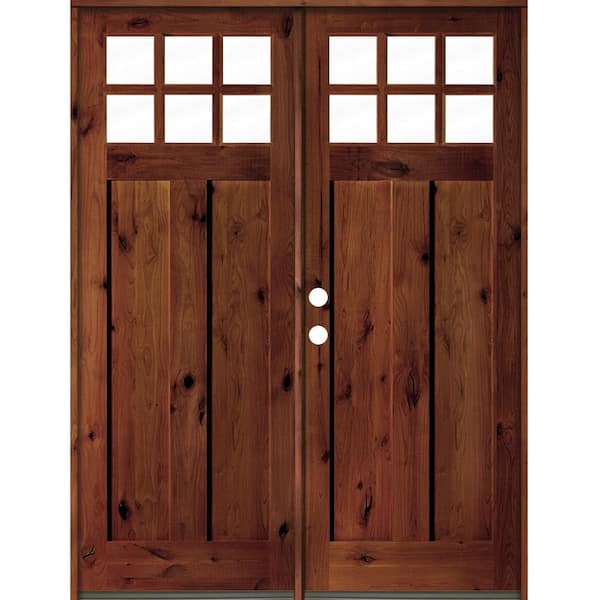 72 in. x 96 in. Craftsman Knotty Alder Wood Clear 6-Lite Red Chestnut Stain Right Active Double Prehung Front Door