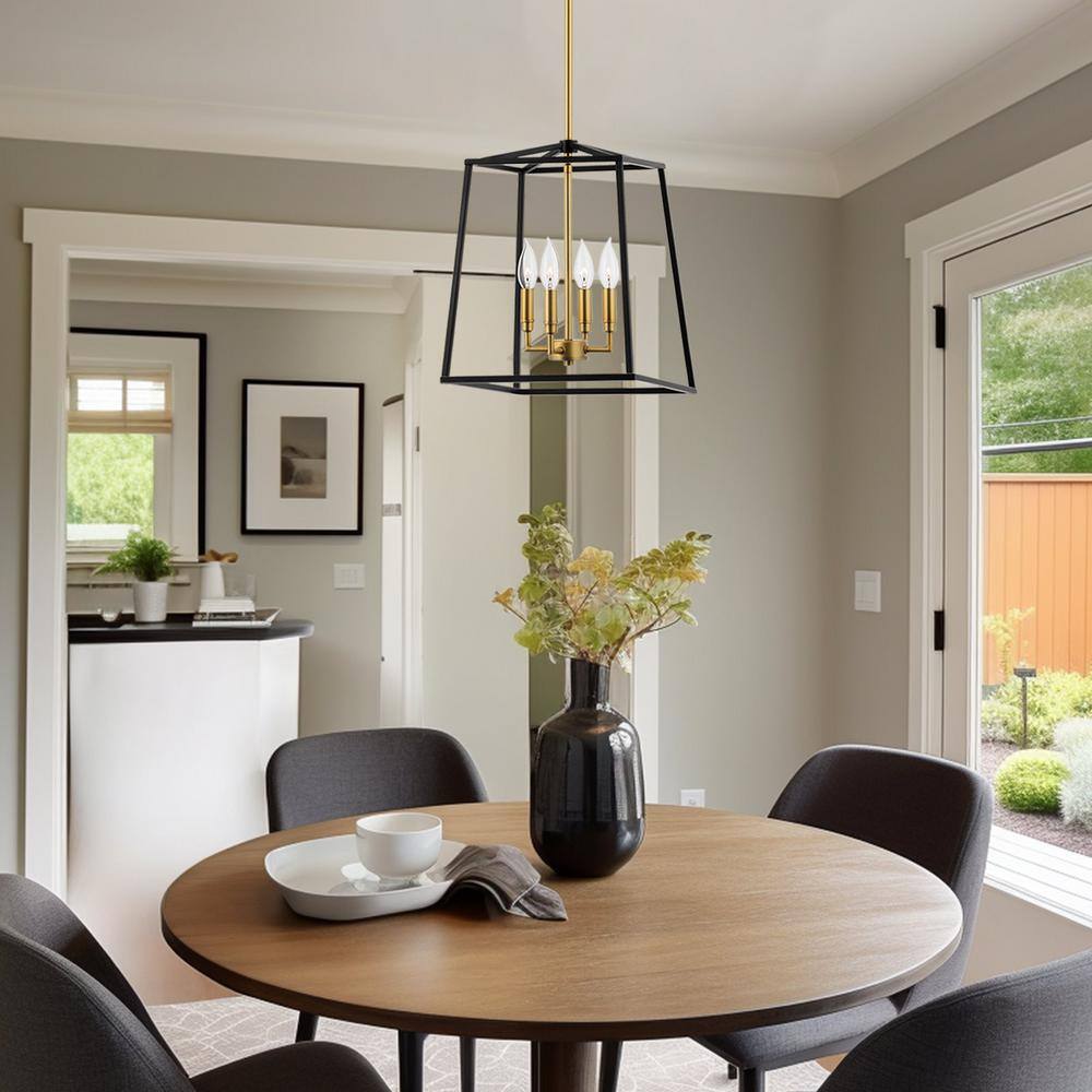 Bellevue 15.5" Geometric Black Metal Cage Chandelier with Brass Accents
