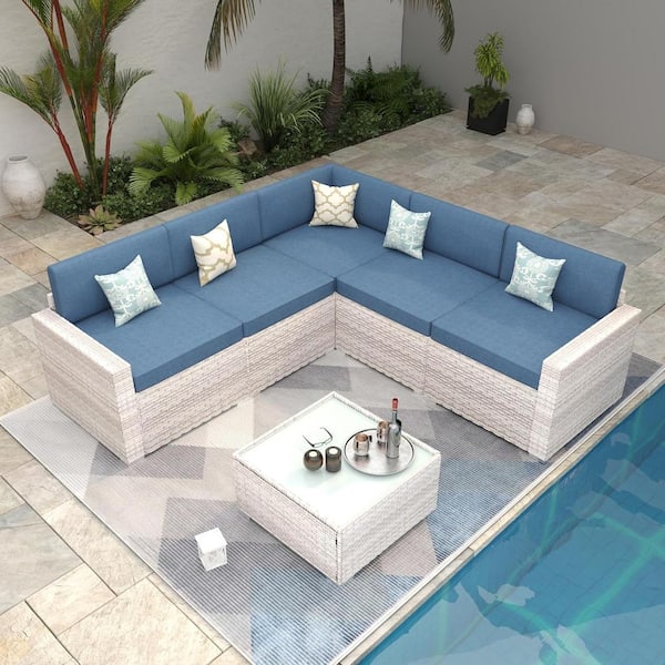 Cesicia Gray 7-Piece Wicker Outdoor Modular Sectional Set with Blue Cushions and Coffee Table