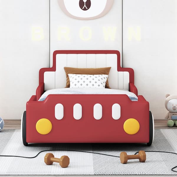 Red Wood Frame Twin Race Car-Shaped Platform Bed with Wheels
