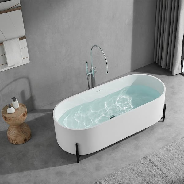 INSTER 63 in. Solid Surface Stone Resin Flatbottom Non-Whirlpool Bathtub in Matte White with Matte Black Metal Support Frame