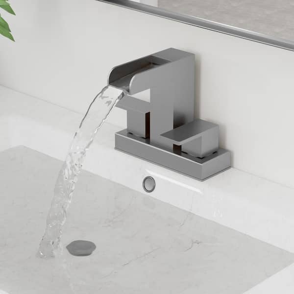 4 in. Centerset Double Handle Bathroom Faucet with Waterfall Spout in Brushed Nickel (Valve Included)