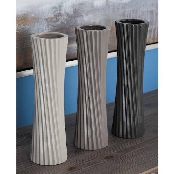 Litton Lane 13 in. Twisted Ceramic Decorative Vases in Black, White and Gray (Set of 3)