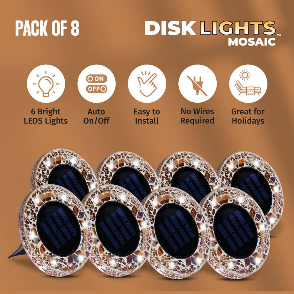Tan Mosaic Solar Powered LED Pathway Disk Lights, 8-Pack