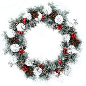 30 in. Pre-Lit Flocked Artificial Christmas Pine Wreath with Mixed Decorations