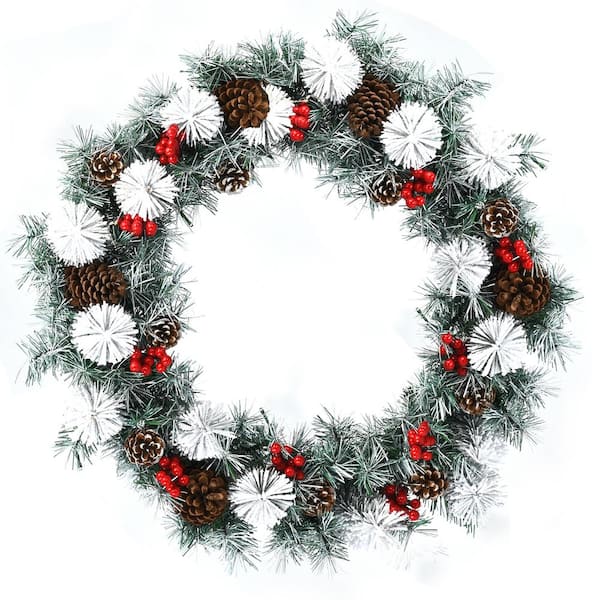 Costway 30 in. Pre-Lit Flocked Artificial Christmas Pine Wreath with Mixed Decorations