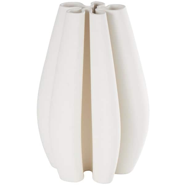Litton Lane White Ribbed Dimensional Concaved Ceramic Abstract Decorative Vase with Floral Shaped Rim