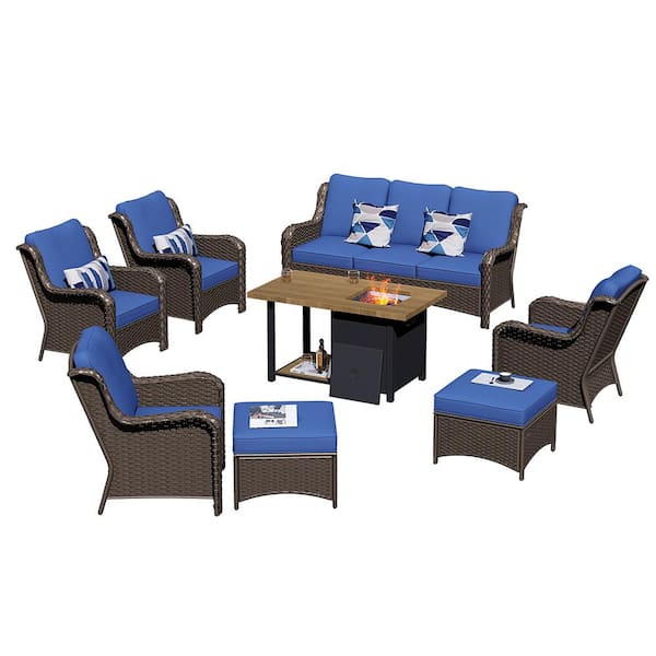 OVIOS Joyoung Brown 8-Piece Wicker Outdoor Patio Fire Pit Table Conversation Seating Set with Navy Blue Cushions