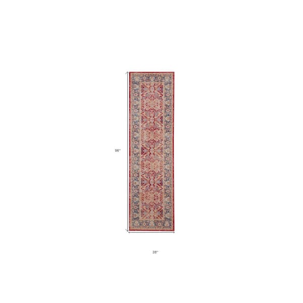 8' Blue and Red Floral Distressed Non Skid Runner Rug