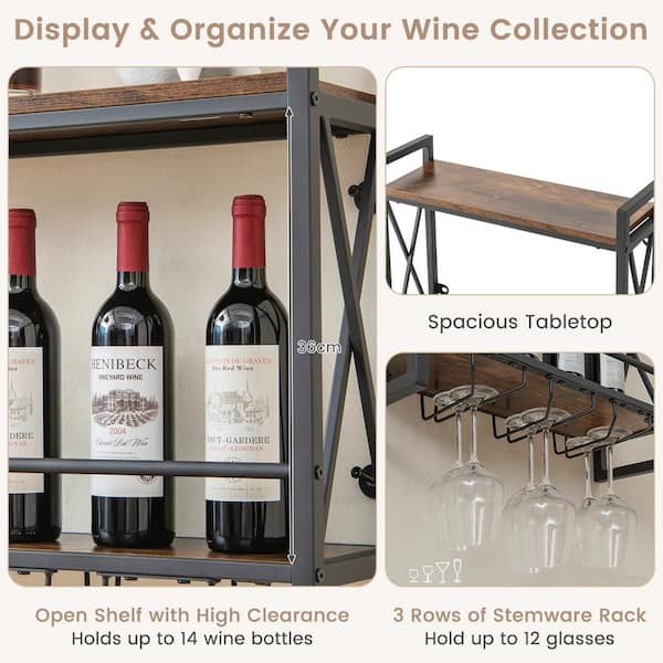 Costway 14-Bottle Wall Mounted Wine Rack Industrial 2-Tier Wood Shelf with  3 Stem Glass Holders M1C-10N888 - The Home Depot