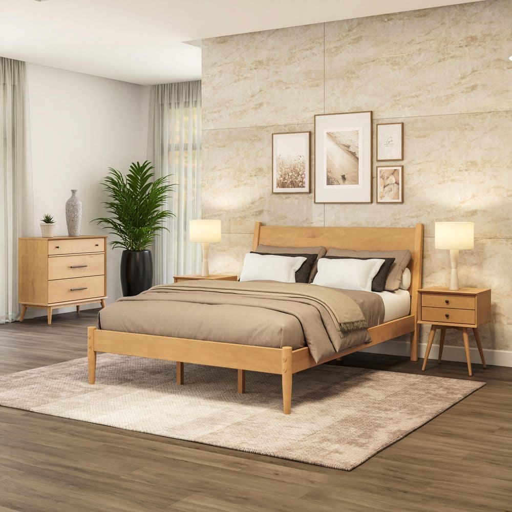 Camaflexi Mid-Century Light Oak Beige Solid Wood Frame Queen Panel