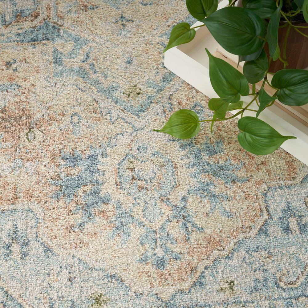 Beige Blue Medallion Synthetic 4' x 6' Washable Rug