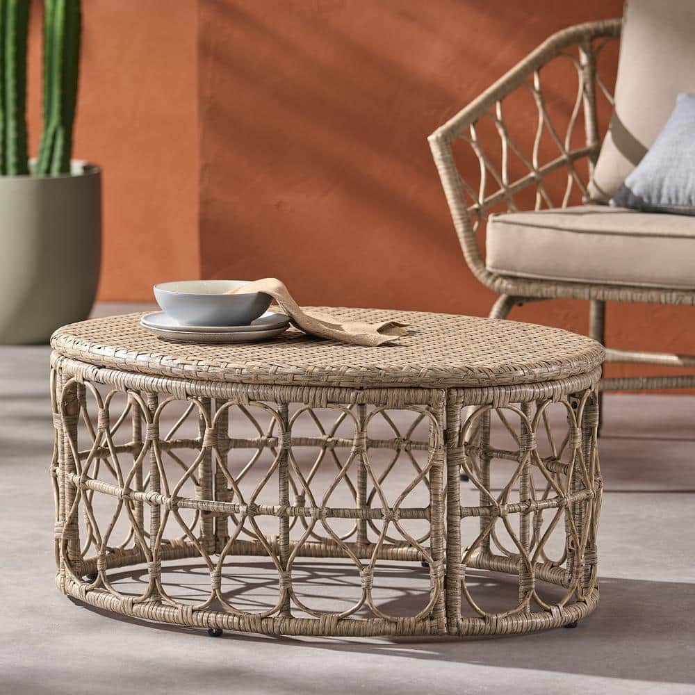 Accent Side Table Brown Round Rattan Outdoor Patio Coffee Table All Weather