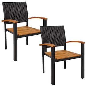 Sunnydaze Black Metal and Acacia Wood Outdoor Dining Chair in Brown (2-Pack)