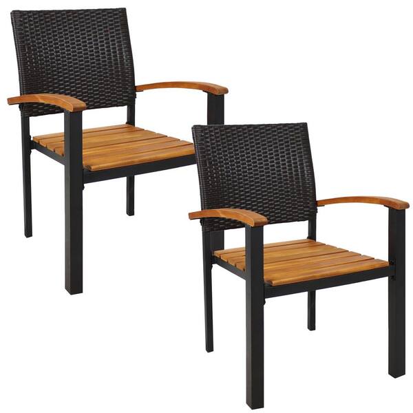 Sunnydaze Sunnydaze Black Metal and Acacia Wood Outdoor Dining Chair in Brown (2-Pack)