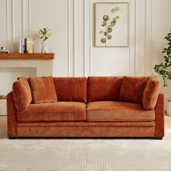 Boris Modern 83.5 in. Flared Arms Upholstered Chenille Rectangle 3-Seater Sofa in Caramel with Pillows