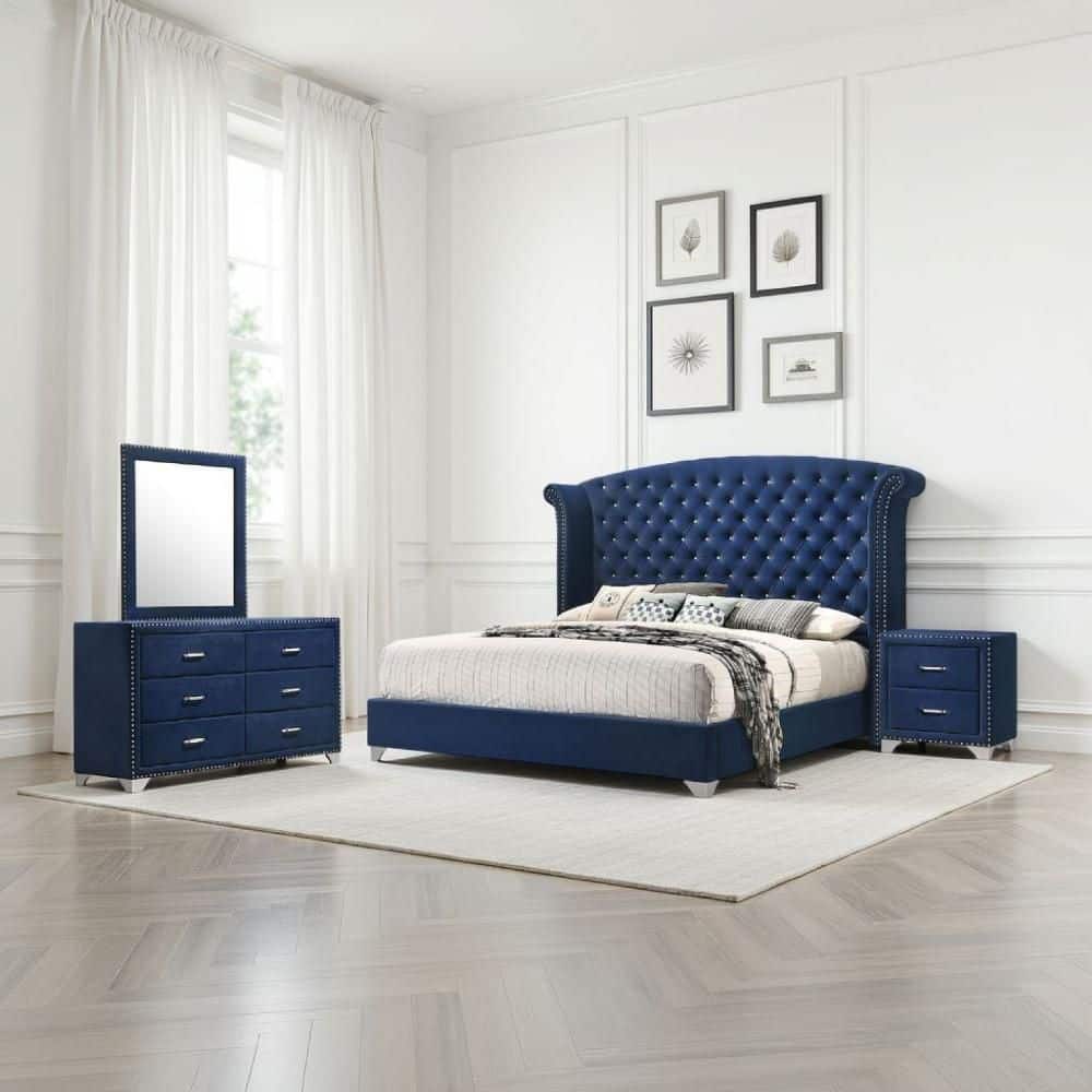 Benjara Giya 4-Piece Pacific Blue Wood Queen Size Bedroom Set with