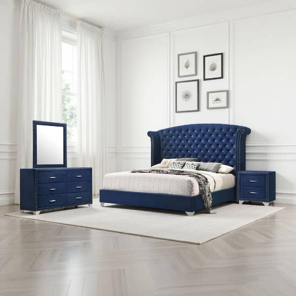 Giya 4-Piece Pacific Blue Wood Queen Size Bedroom Set with Tufted Headboard