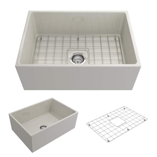 BOCCHI Contempo Farmhouse Apron Front Fireclay 27 in. Single Bowl Kitchen Sink with Bottom Grid and Strainer in Biscuit