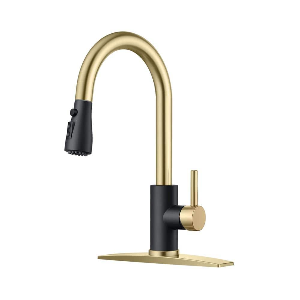 Single Handle Pull Down Sprayer Kitchen Faucet with Deckplate Flexible Hose High Arc Swivel Spout in Gold and Black -  androme, H0023BG