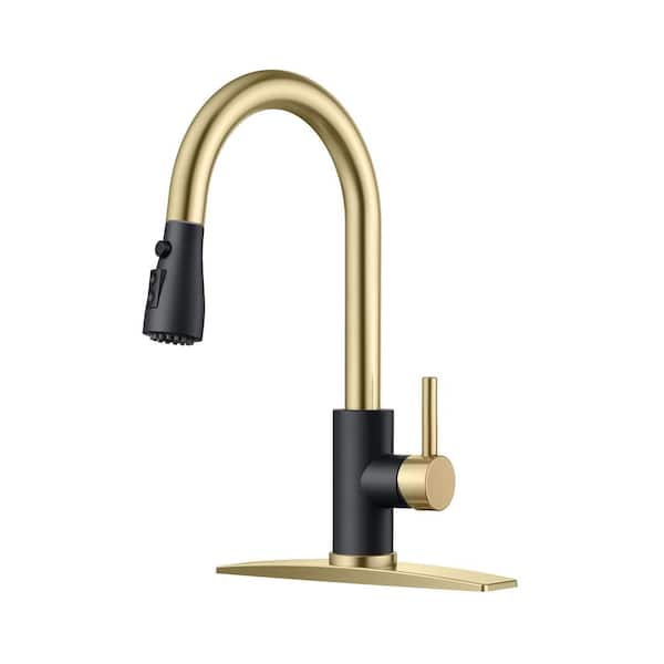 androme Single Handle Pull Down Sprayer Kitchen Faucet with Deckplate Flexible Hose High Arc Swivel Spout in Gold and Black