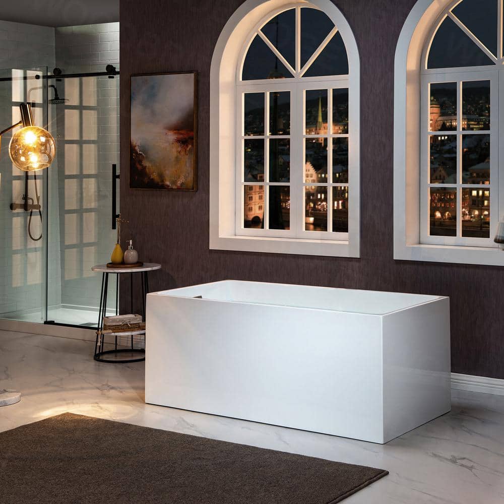 59'' White Acrylic Freestanding Rectangular Soaking Bathtub
