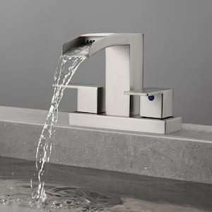 Waterfall 4 in. Centerset Double Handle Low Arc Bathroom Faucet with Drain kit Included in Brushed Nickel