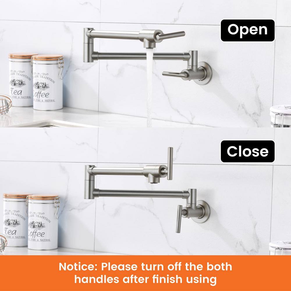 Brushed Nickel Wall-Mounted Double Handle Pot Filler Faucet