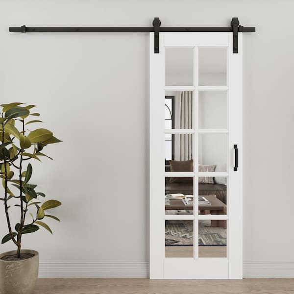 32 in. x 80 in. 10-Lite Tempered Clear Glass White Primed MDF Composite Sliding Barn Door with Hardware Kit