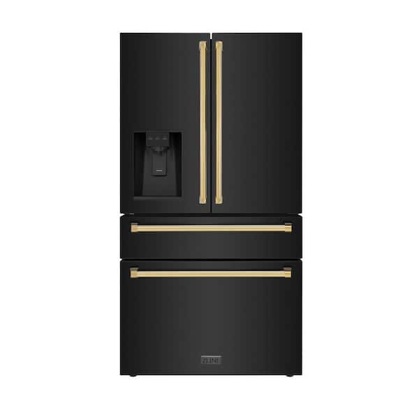 ZLINE Kitchen and Bath Autograph Edition 36 in. 4-Door French Door Refrigerator with Ice & Water Dispenser in Black Stainless & Polished Gold