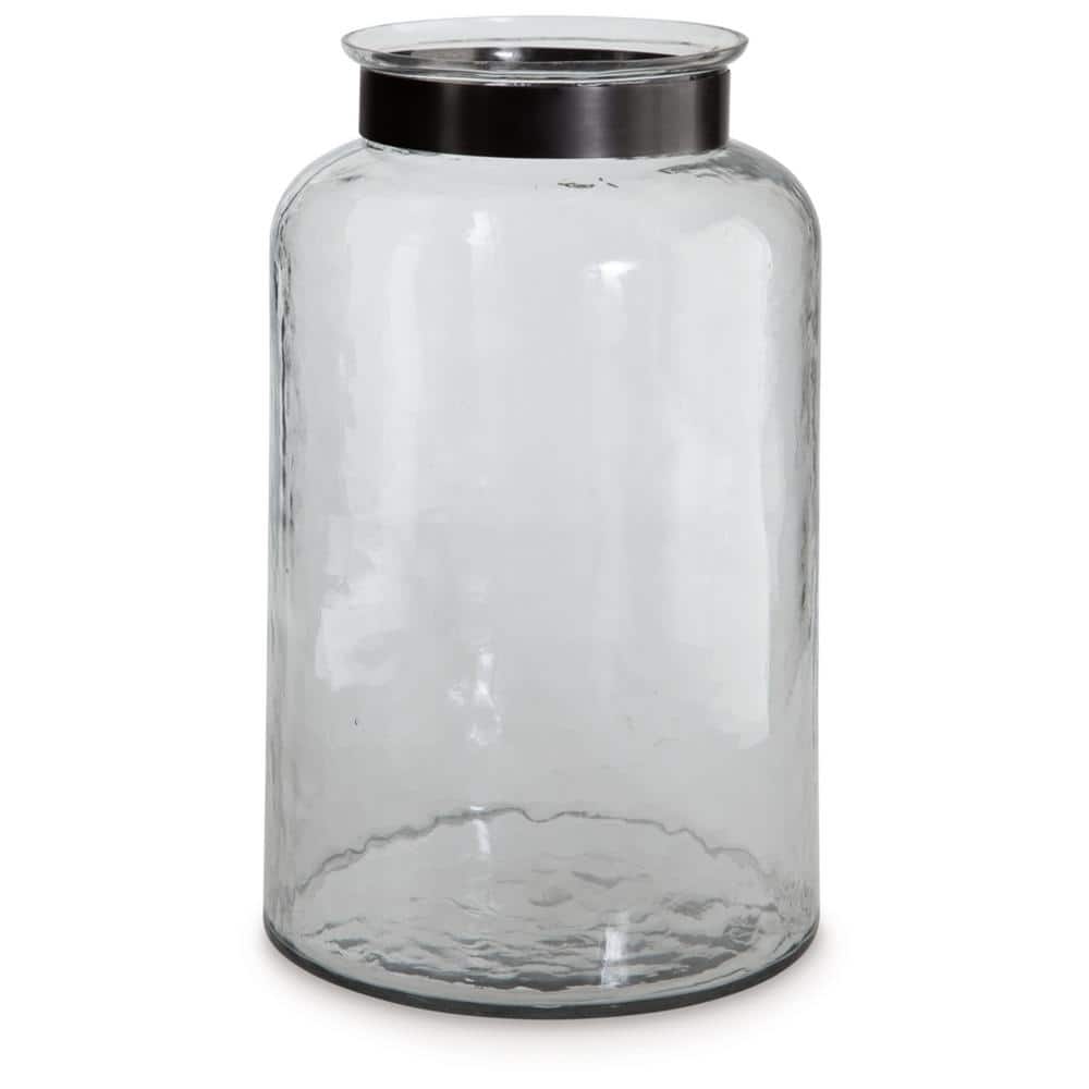 Clear Glass Vase with Pewter Metal Accent, 14"