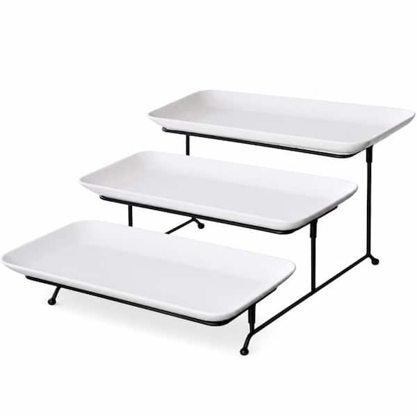 3-Tier White Porcelain 12-Inch Collapsible Serving Stand with 3 Food-Grade Ceramic Platters