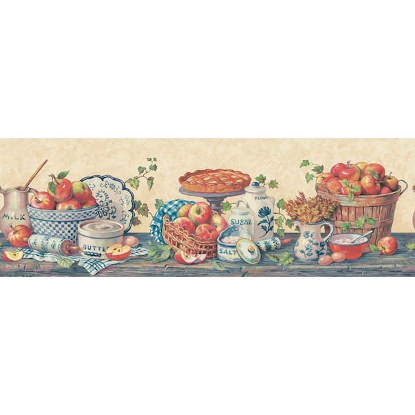 The Wallpaper Company 8 in. x 10 in. Blue and Red Baked Apple Border Sample-DISCONTINUED