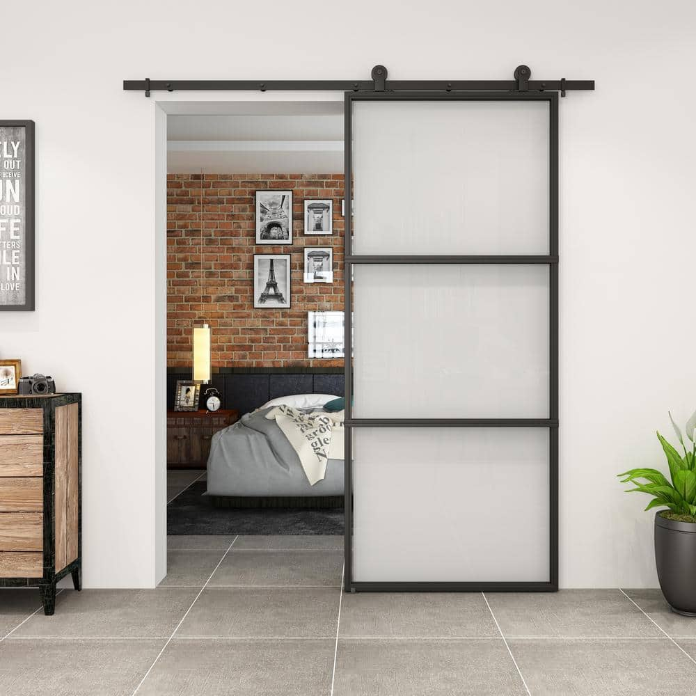 Contemporary 36 In. X 84 In. 3 Lite Clear Glass Black Finished Steel 