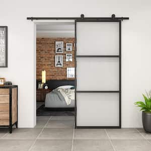 Contemporary 36 in. x 84 in. 3 Lite Clear Glass Black Finished Steel Sliding Barn Door with Hardware Kit