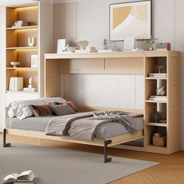 Natural Brown Wood Frame Full Murphy Bed with Bookshelf