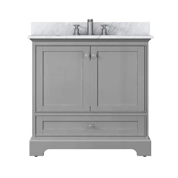 ANGELES HOME 36 in. W x 22 in. D x 34 in. H Solid Wood Bath Vanity in Gray with Carrara White Marble Top, Ceramic Sink and Backsplash