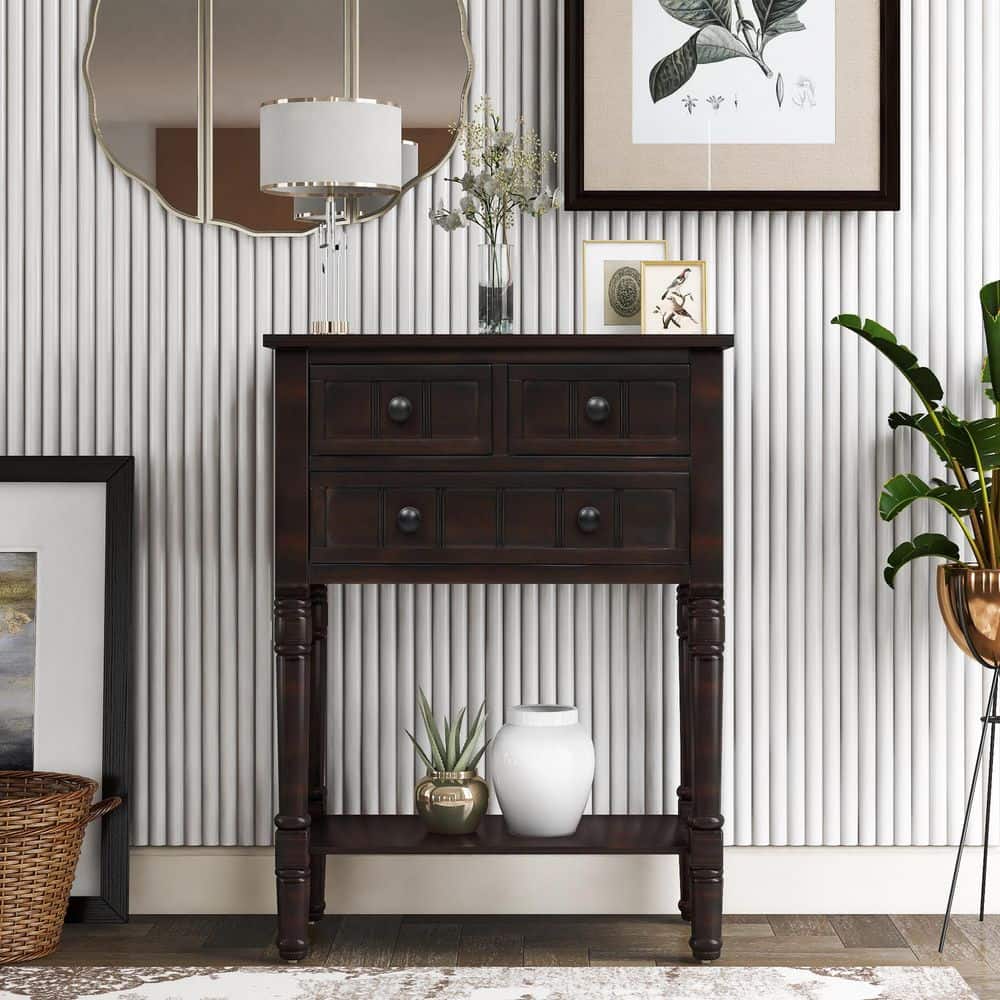 23.7 in. Espresso Rectangle Wood Console Table with 3-Drawers