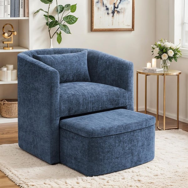 Len Blue Chenille Upholstered Accent Chair Open-Design Hollow Base Armchair with Multifunctional Storage Ottoman