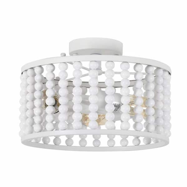 Boho Farmhouse 13 in. 2-Light White Wood Beaded Chandelier Semi Flush Mount Ceiling Light