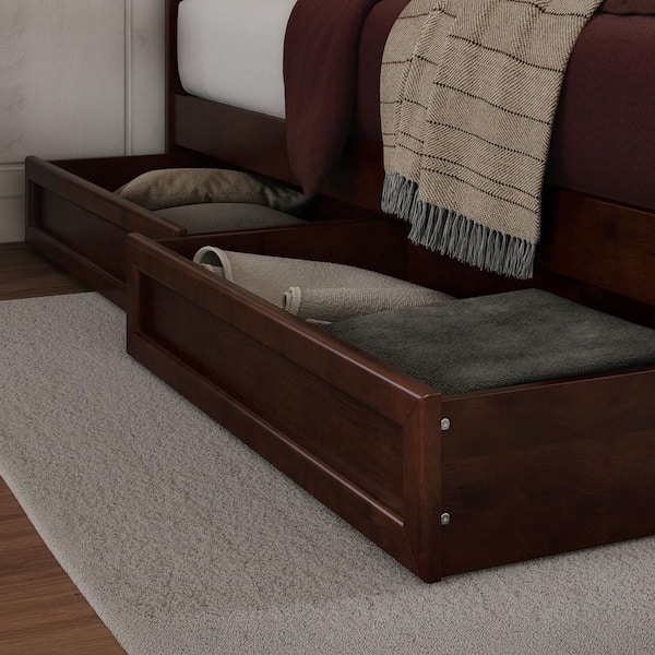 Walnut Brown Mid-Century Modern Solid Wood Queen-King-Twin XL Under Bed Storage Drawers