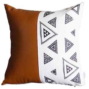 Brown Boho Handcrafted Vegan Faux Leather Square Abstract Geometric 17 in. x 17 in. Throw Pillow Cover