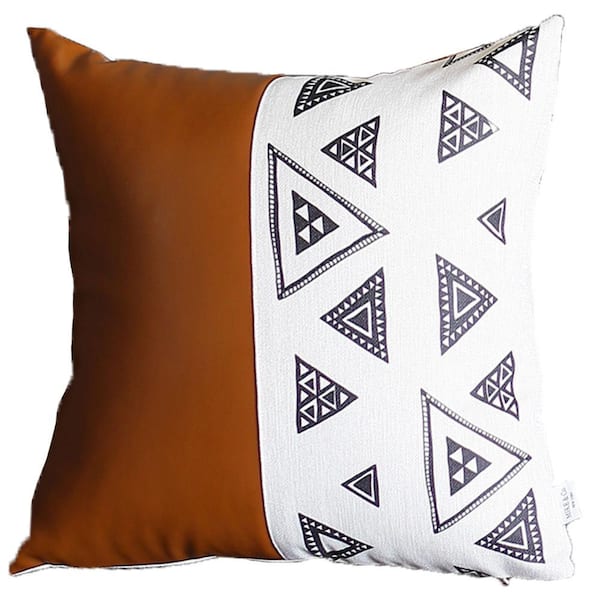 MIKE & Co. NEW YORK Brown Boho Handcrafted Vegan Faux Leather Square Abstract Geometric 17 in. x 17 in. Throw Pillow Cover