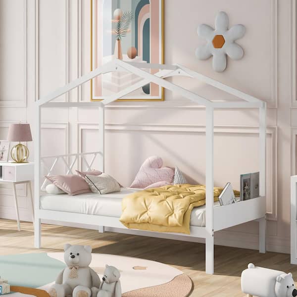 GODEER White Twin Size Wood House. Bed with Storage Space