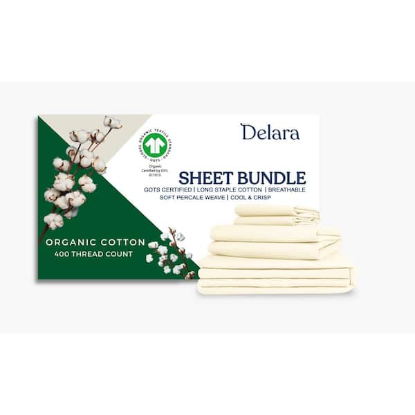 Delara Delara 7-Piece Sheet Bundle Set Ivory 100% Organic Cotton Percale Weave Cal King Duvet Set Plus Sheet Set