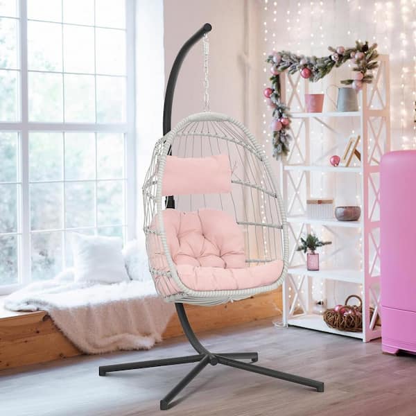 AUTMOON 78 in. Wicker Steel Indoor Outdoor Patio Swing Hanging Egg Chair, Pink Cushion
